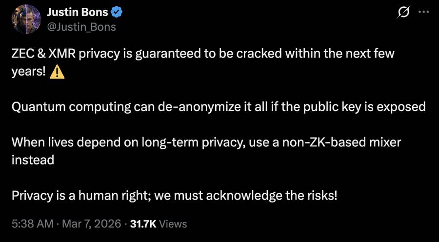 Justin Bons: ZEC and XMR privacy is guaranteed to be cracked within the next few years.